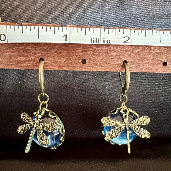 Dragonfly Droplet Golden Tone Earrings - Picture 4 of 4